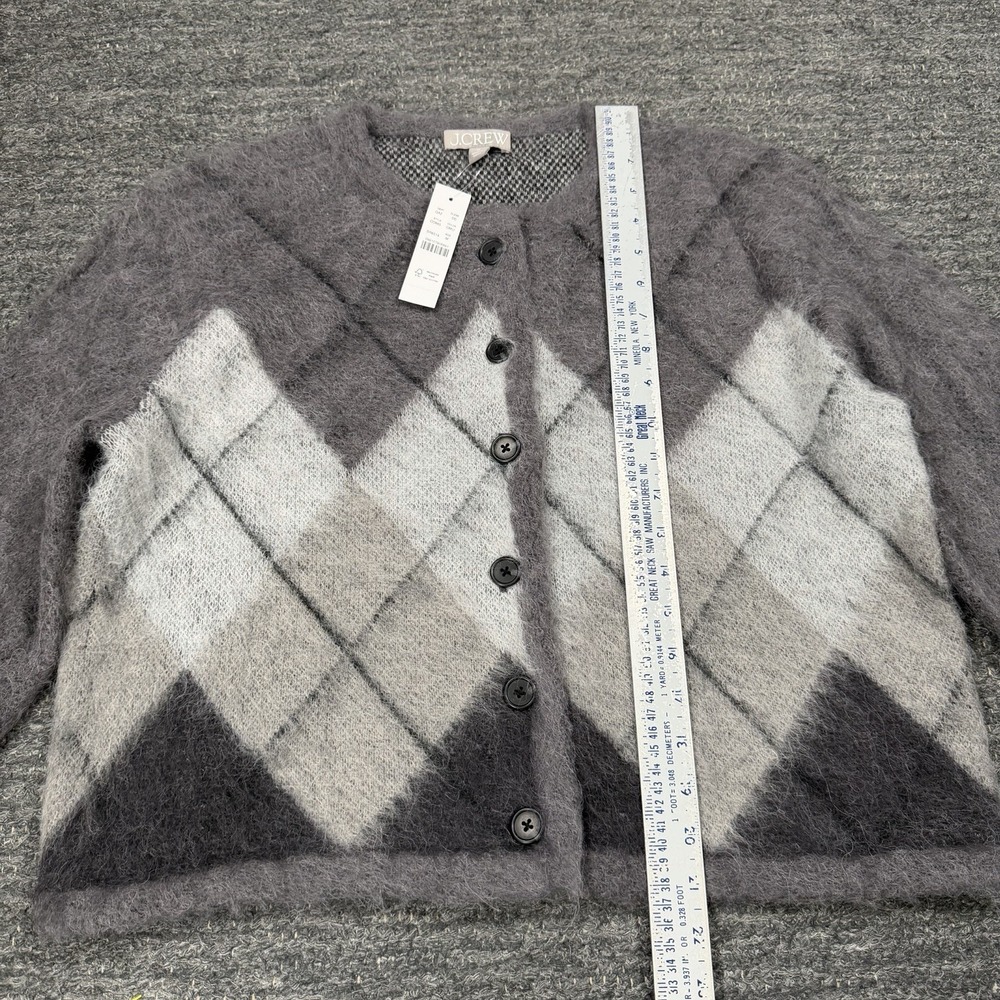 J Crew Argyle Cardigan Sweater Women Medium Gray Fuzzy Alpaca Preppy Lightweight - Picture 6 of 11